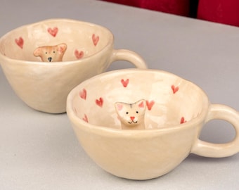 Pet Mug Cat Figure Dog Figure Hearts Mug Handmade Ceramic Gift For Pet Lovers
