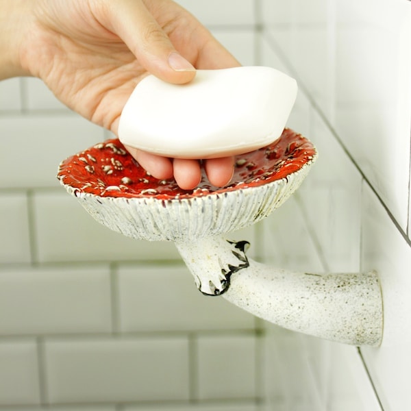 Mushroom Soap dish, Towel hook, Mushroom decor, Floating Bathroom shelves, Shower soap dish, Bathroom accessories, Amanita sponge holder