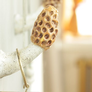 May include: A white ceramic hook with a gold-colored mushroom-shaped top. The hook is mounted on a white wall.