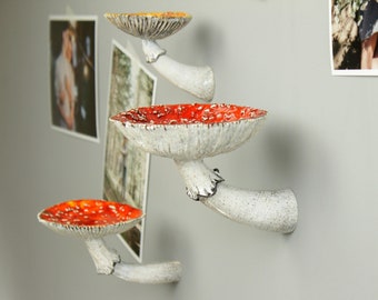 Mushroom decor, Mushroom shelf, amanita muscaria, hanging shelves, floating shelves, white floating shelf, small plant shelf, white corner