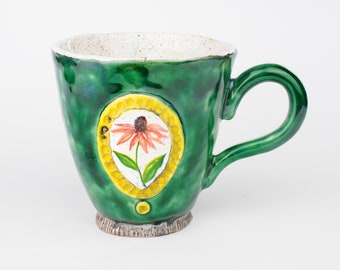 Green Mug With Flower - Handmade Ceramics From Leily Cloud - Cute Gigt Idea!