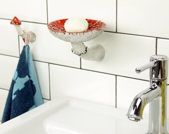 Mushroom Soap dish, Towel hook, Mushroom decor, Floating Bathroom shelves, Shower soap dish, Bathroom accessories, Amanita sponge holder
