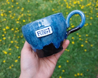 Fungi Mug Of Deep Blue Color With Black Drawing Mushrooms. Small Handmade Mug For Nature Lovers