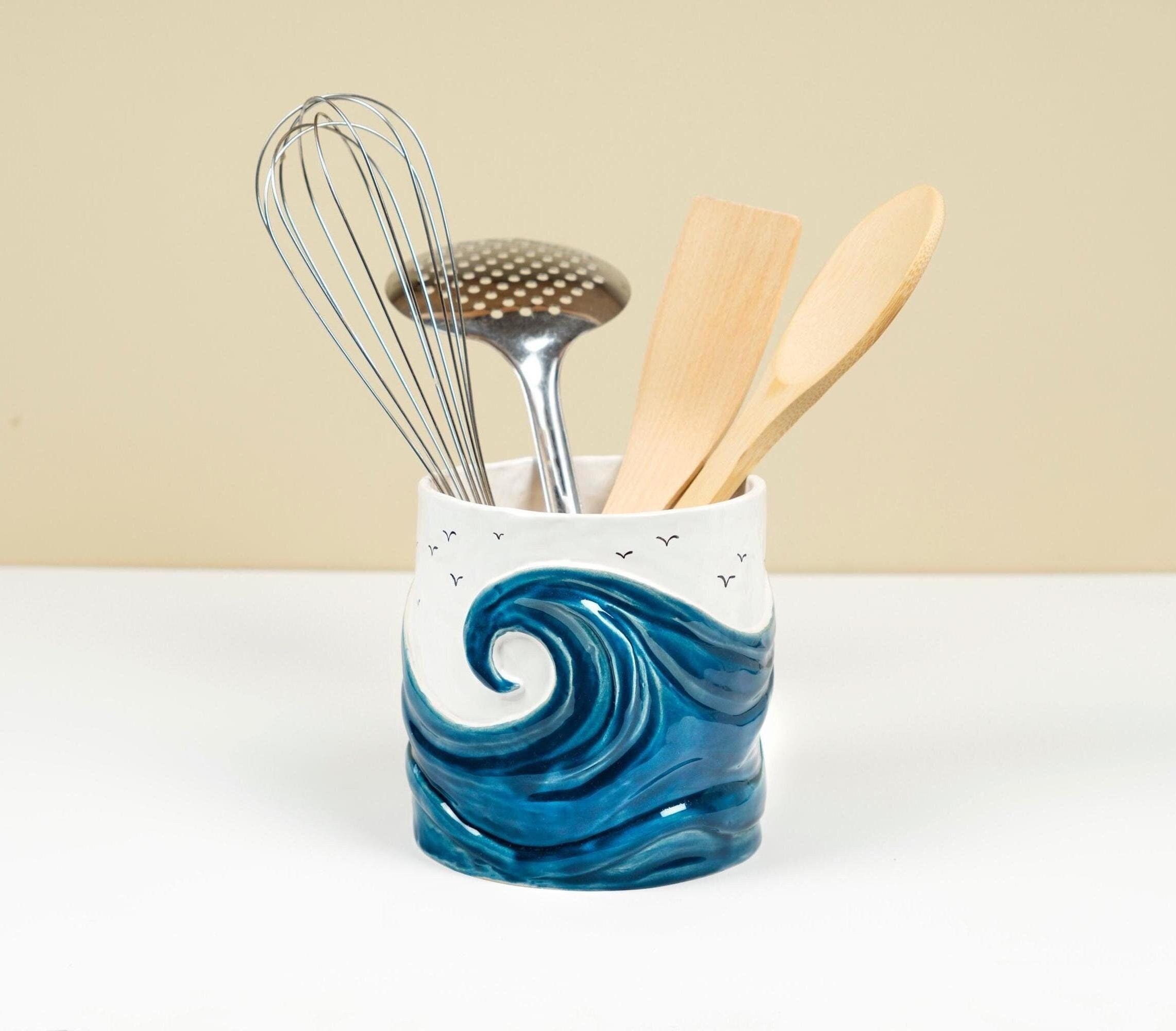 123Arts Keramik-Utensilienhalter Blau-weiß, Mit Tablett – Dekoration Für Küche Oder Wohnzimmer