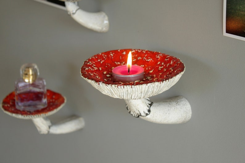 Mushroom candle holder, chime candle holder, skinny candle holder, floating nightstand, ceramic candle holder, amanita candleholder image 9