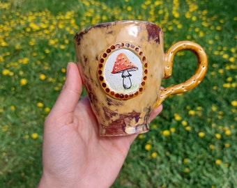 Mug With Mushroom, Amanita Art, Fungi Art, Handmade Ceramic Mug, Magic Fairies Gift, Mushroom Tea Cup, Birthday Mushroom Lovers Gift