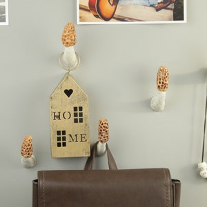 May include: A brown leather backpack hangs on a wall with a gold house-shaped sign that says "HOME" with a heart above the "O".  The house sign is hanging from a white ceramic mushroom hook.  There are three other mushroom hooks on the wall.