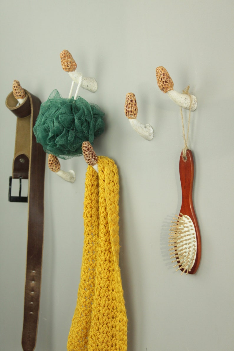 May include: Four white ceramic mushroom-shaped hooks mounted on a wall. A brown leather belt hangs from one hook, a green bath sponge hangs from another, a yellow crocheted scarf hangs from a third, and a brown wooden hairbrush hangs from the fourth.