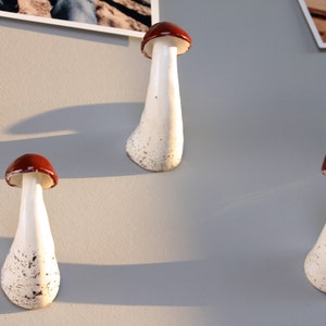 May include: Four ceramic mushroom-shaped hooks in white with brown tops. The hooks are mounted on a light gray wall.