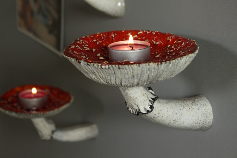 Evening picture. Candle's fire. The candles are in the mushroom shelves.