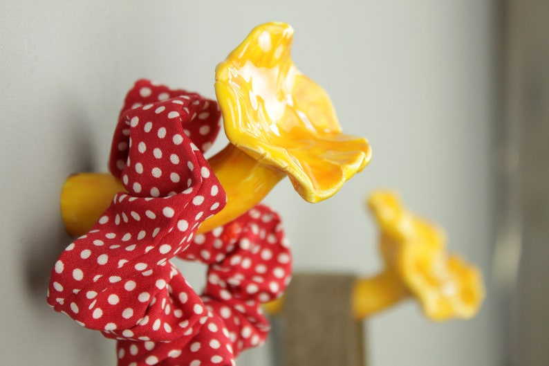 May include: Two yellow ceramic hooks shaped like mushrooms with red and white polka dot hair ties hanging on them.