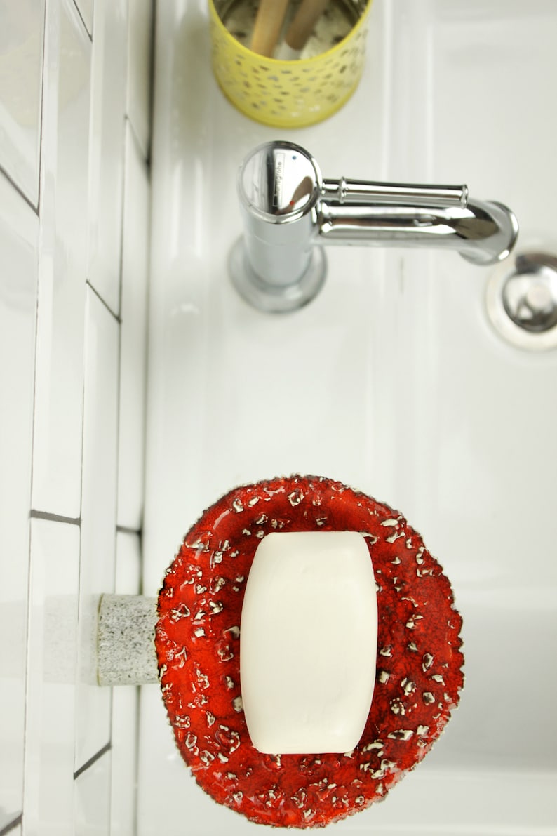 Top view: a shelf with soap, which only holds on a leg and therefore looks like a real mushroom has come out of your wall. His hat does not touch the wall and soap is free in it.