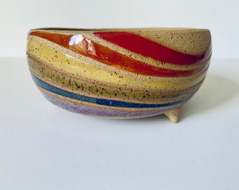 Handmade, Unique, Ceramic, multi-colored, Rainbow, Blue, Green, Yellow, Red, White, Glaze, Speckled, Rainbow, Bonsai, Pot, Plants, Gift