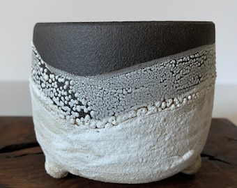 Unique Ceramic, Black Clay, White, Matte, Textured, Snow, Pattern, Design, Bonsai, Planter, Pot, Plants, Succulents