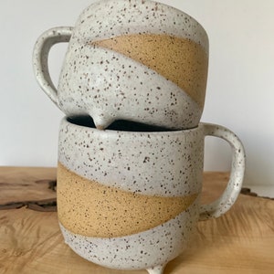 Unique, Handmade, Ceramic, Speckled, Matte, White, with feet, Bare Clay, Coffee, Tea, Mug, Cup, Modern, Pottery Gift