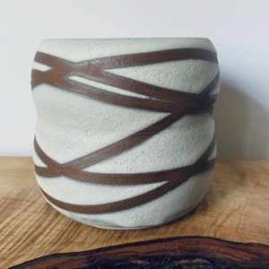 Unique Ceramic, Matte, White, Wrap, Around, Design, on brown, Terra Cotta, Hanging, Planter, Pot, Plants, Succulents image 9