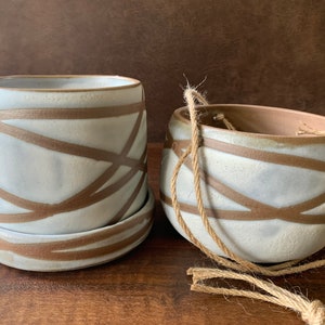 Unique Ceramic, Matte, White, Wrap, Around, Design, on brown, Terra Cotta, Hanging, Planter, Pot, Plants, Succulents image 2