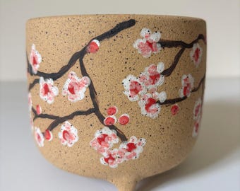 Unique handmade, Ceramic, Japanese, Cherry Blossoms, Copper, Sea Green, Turquoise, Speckled, Planter, plants, succulents