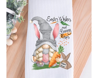 Easter Bunny Gnome Tea Towel 16x24", Spring Easter Towel, Dish Towel, Waffle Weave Towel, Farmhouse Kitchen, Bunny Gnome Tea Towel