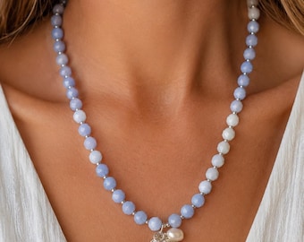 Blue Coastal Beaded Necklace with Silver Seashell Charm | Ocean-Inspired Handmade Jewelry | Beach Necklace | Gift for Her