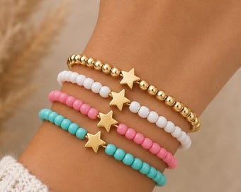 Colorful Star Beaded Bracelet Stack | Gold, Silver, Rose Gold, White, Pink, Turquoise Bracelets