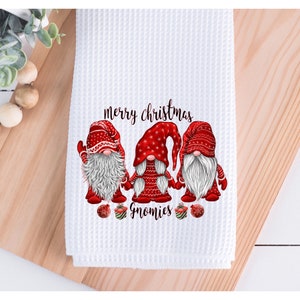 Merry Christmas Gnomies Tea Towel 16x24&quot;, Country Kitchen Towel, Dish Towel, Waffle Weave Towel, Farmhouse Kitchen, Gnome Tea Towel