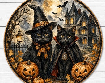 Black Cats Halloween Sign, Aluminum Metal Art, Tiered Tray Decor