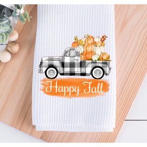 Happy Fall Truck Tea Towel 16x24&quot;, Country Kitchen Towel, Dish Towel, Waffle Weave Towel, Farmhouse Kitchen, Buffalo Plaid Truck Tea Towel