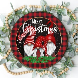 Christmas Gnomes Merry Christmas Buffalo Plaid Sign - Round Christmas Gnome Sign for Wreaths - Christmas Sign - Gnome Wreath Sign