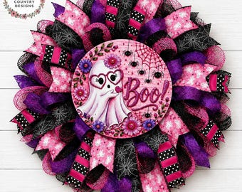 Pink Ghost Halloween Wreath Kit | Whimsical Girly Ghost Wreath Sign | DIY Halloween Wreath Supplies | Fall Door Decor