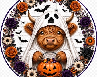 Highland Cow Halloween Sign, Aluminum Metal Art, Tiered Tray Decor