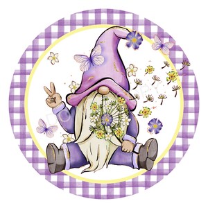 Lavendar Hippie Gnome Sign, Round Spring Summer Sign for Wreaths, Dandelion Hippie Gnome Sign, Tiered Tray Sign, Door Hanger