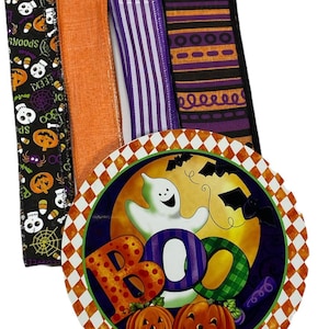 Halloween Boo Ghost Sign and Ribbon Kit Combo, Wreath Supplies, Wreath Center, Wreath Kit