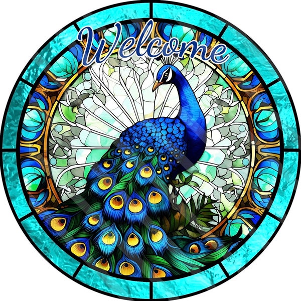 Round Faux Stained Glass Peacock Sign, Peacock Wreath Sign, Door Decor, Signs for wreaths, Tiered Tray Sign, Wreath Center