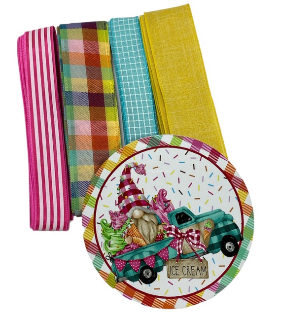 Summer Gnome Ice Cream Truck Wreath Sign and Ribbon Kit Combo, Wreath Supplies, Wreath Center, Wreath Kit