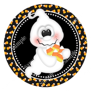 May include: A white ghost with a friendly face holds a stack of candy corn. The ghost is surrounded by a black circle with a white dotted border. The background is black with a pattern of yellow and orange candy corn.