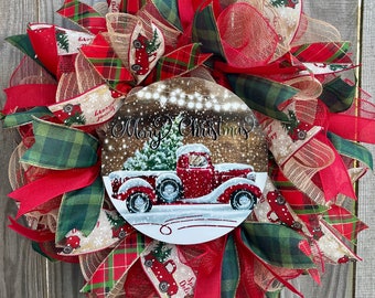 Christmas Vintage Truck Wreath or DIY Wreath Kit, Christmas Wreath for Front Door, Christmas Door Hanger Wreath, DIY Wreath Kit
