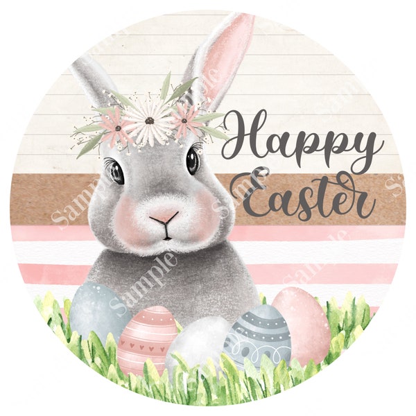 Happy Easter Bunny Rabbit Sign - Round Rustic Easter Sign for Wreaths - Door Hanger - Tray Decor - Wreath Sign