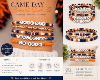 Custom Game Day Orange Blue Bracelet Stack | School Spirit Bracelet Stack | Orange Blue Football Bracelet | College Game Day Jewelry