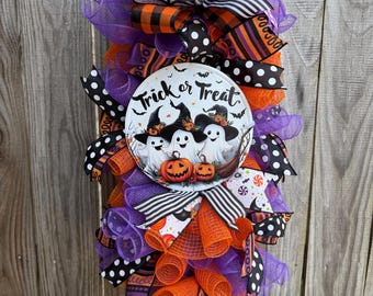 Halloween Door Swag – Trick or Treat Ghost Wreath, Orange & Purple Mesh Door Hanger, Spooky Cute Front Door Halloween Décor