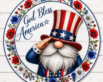 Gnome Uncle Sam Patriotic Sign, Aluminum Metal Art, Tiered Tray Decor