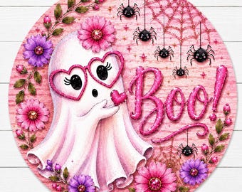 Pink Ghost Halloween Sign, Aluminum Metal Art, Tiered Tray Decor