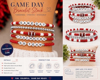 Custom Game Day Crimson and White Bracelet Stack | School Spirit Bracelet Stack | Crimson White Football Bracelet | College Game Day Jewelry