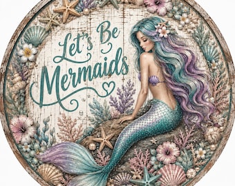 Rustic Mermaid Summer Sign, Aluminum Metal Art, Tiered Tray Decor, Door Hanger