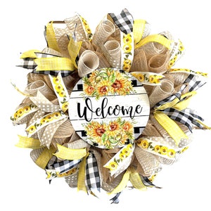 Rustic Sunflower Welcome Wreath,  Spring Wreath, Front Door Wreath, Everyday Wreath, Farmhouse Decor, Mesh Wreath