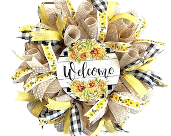 Rustic Sunflower Welcome Wreath,  Spring Wreath, Front Door Wreath, Everyday Wreath, Farmhouse Decor, Mesh Wreath