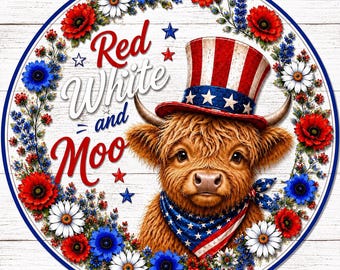 Highland Cow Patriotic Sign, Aluminum Metal Art, Tiered Tray Decor, Door Hanger