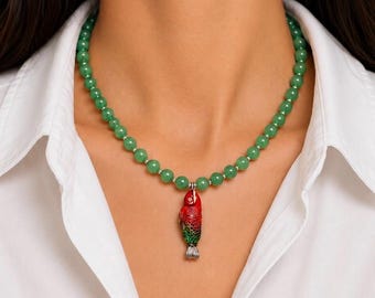 Green Beaded Fish Pendant Necklace | Handmade Statement Necklace | Coastal Jewelry | Beach Lover Gift | Colorful Fish Charm Necklace