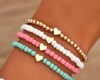 Colorful Heart Bracelet Stack | Gold, Silver, Rose Gold Beaded Stretch Bracelets | Dainty Jewelry | Gift for her