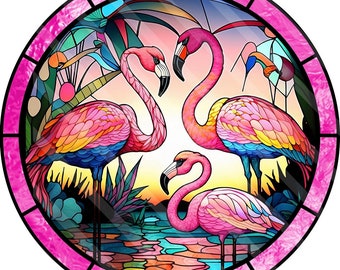 Faux Stained Glass Flamingo Tropical Summer Sign - Round Summer Welcome Sign for Wreaths - Door Hanger, Tray Sign Beach Sign